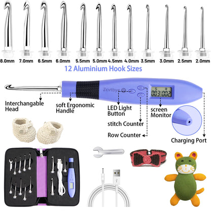 Illuminate Your Crafting with the 12-Piece Lighted Crochet Hook Set – Ergonomic Knitting Needles with Interchangeable Metal Heads and Built-In Stitch Counter for Beginners and Pros!