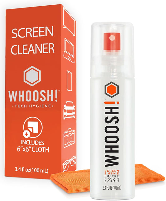 WHOOSH! Bildschirmreiniger Go XL Für Handy, Macbook, Brille - 100Ml Laptop Reinigungsset Mit Mikrofasertuch, Leistungsstark Streifenfrei Auto Display Reiniger - Schlanke Flasche Für Zuhause Und Reise
