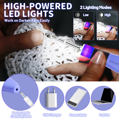 Illuminate Your Crafting with the 12-Piece Lighted Crochet Hook Set – Ergonomic Knitting Needles with Interchangeable Metal Heads and Built-In Stitch Counter for Beginners and Pros!